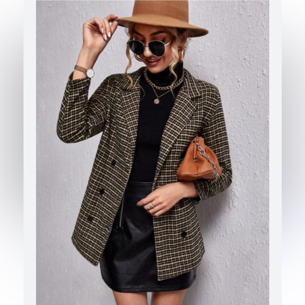 SHEIN SZ S Brown Houndstooth Double-Breasted Women's Jacket